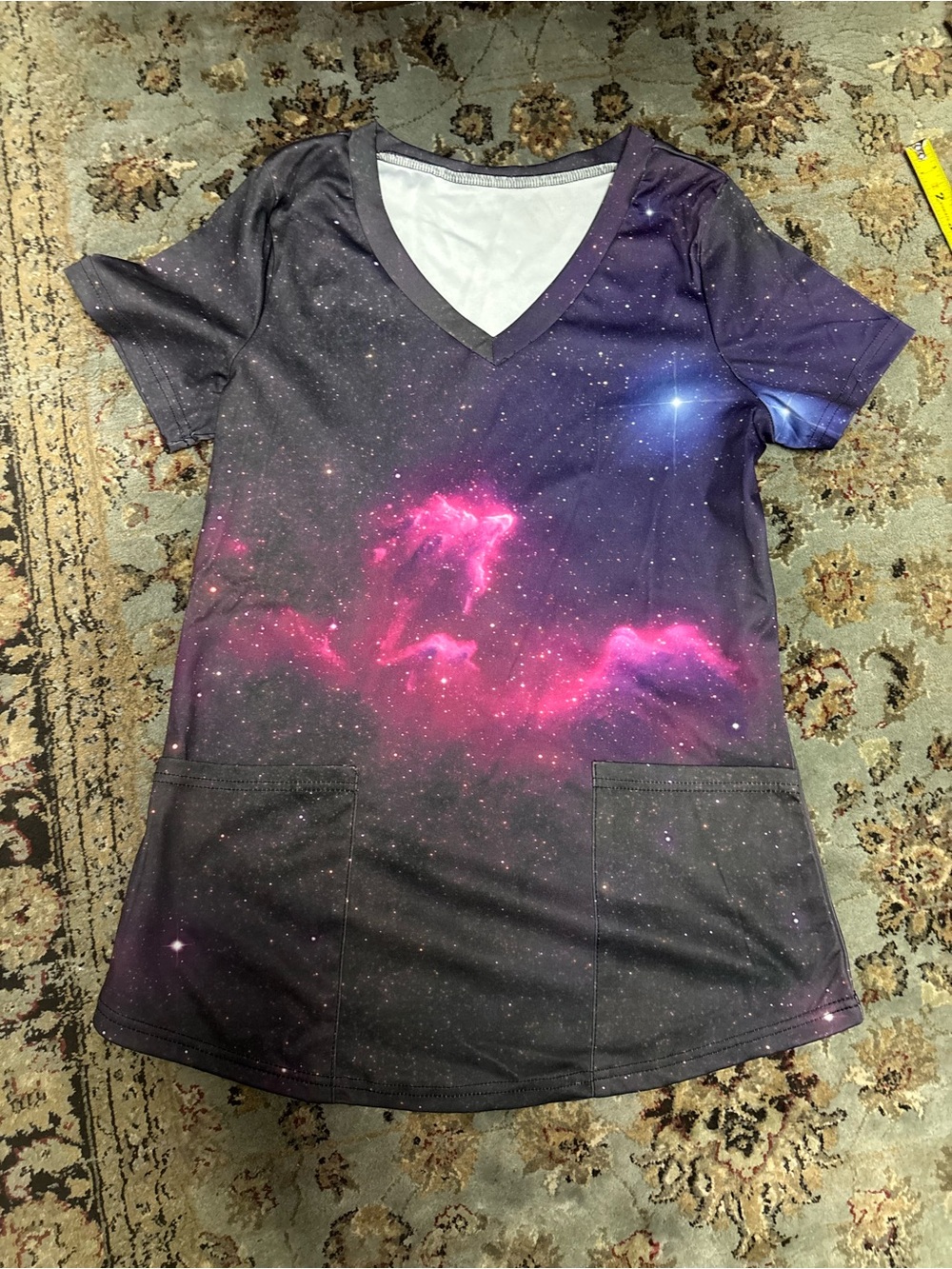 Galaxy Print V-Neck Scrub Top — Pink & Purple Nebula - Picture 1 of 3